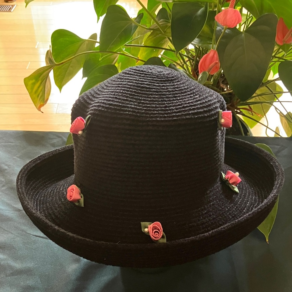 Black Chenille Hat with Pink Flower Accents - Picture 2 of 6